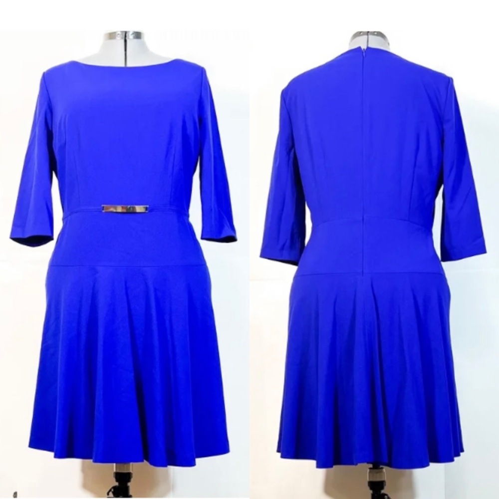 Tahari ASL Sz12 Royal Blue W/ Gold Ornament Waistline Fit & Flare Dress
